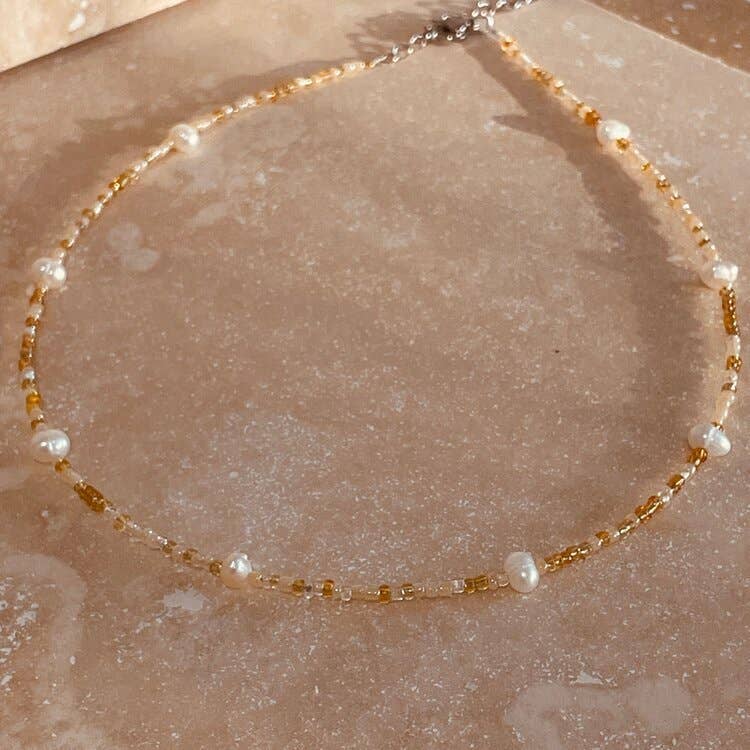 Mile - Necklace : Gold Stainless Steel / Pearly White / Adult Necklace 40-45cm