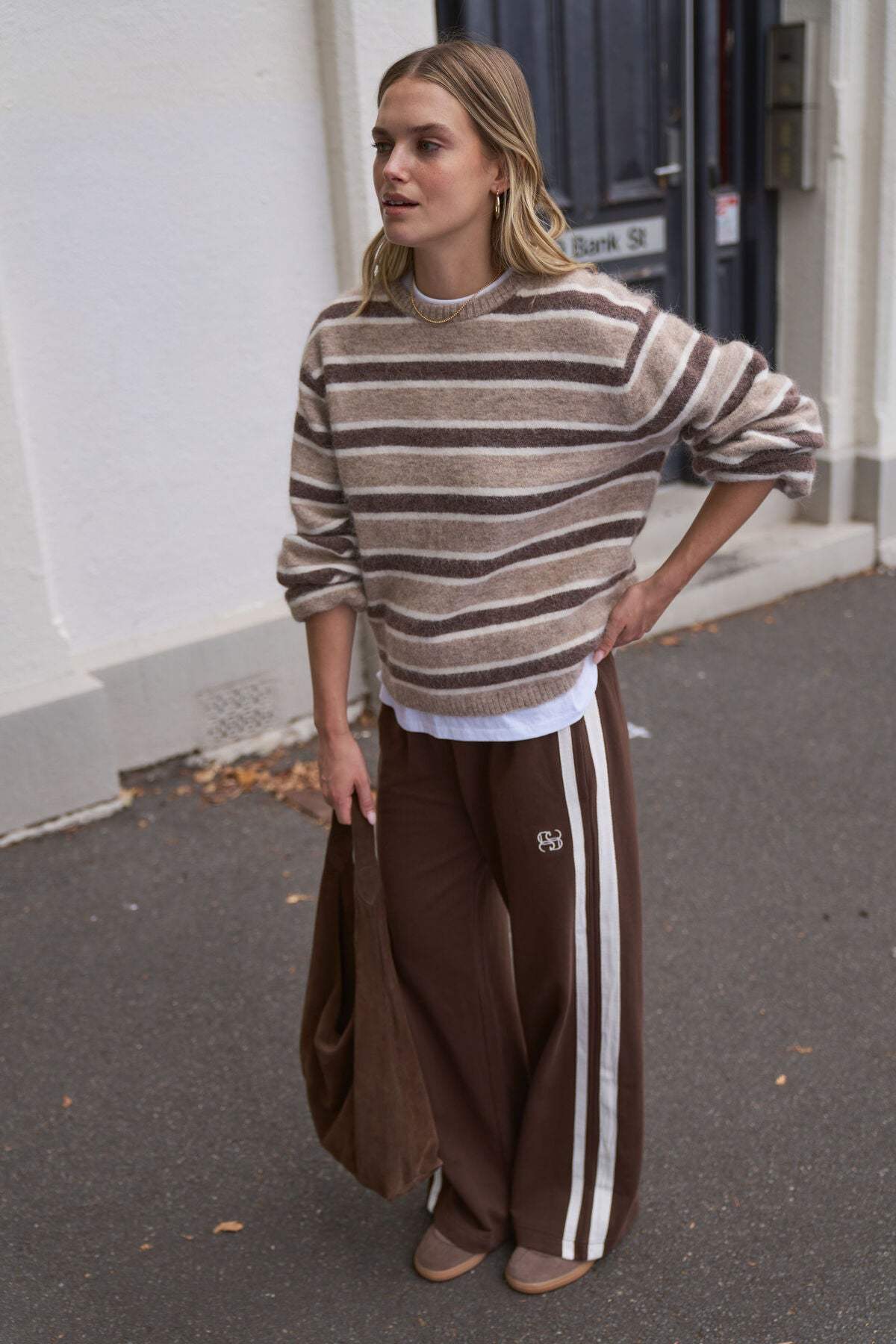 Gigi Wide Leg Terry Trackpant | Choc Side Stripe