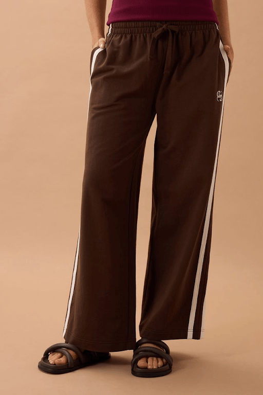 Gigi Wide Leg Terry Trackpant | Choc Side Stripe