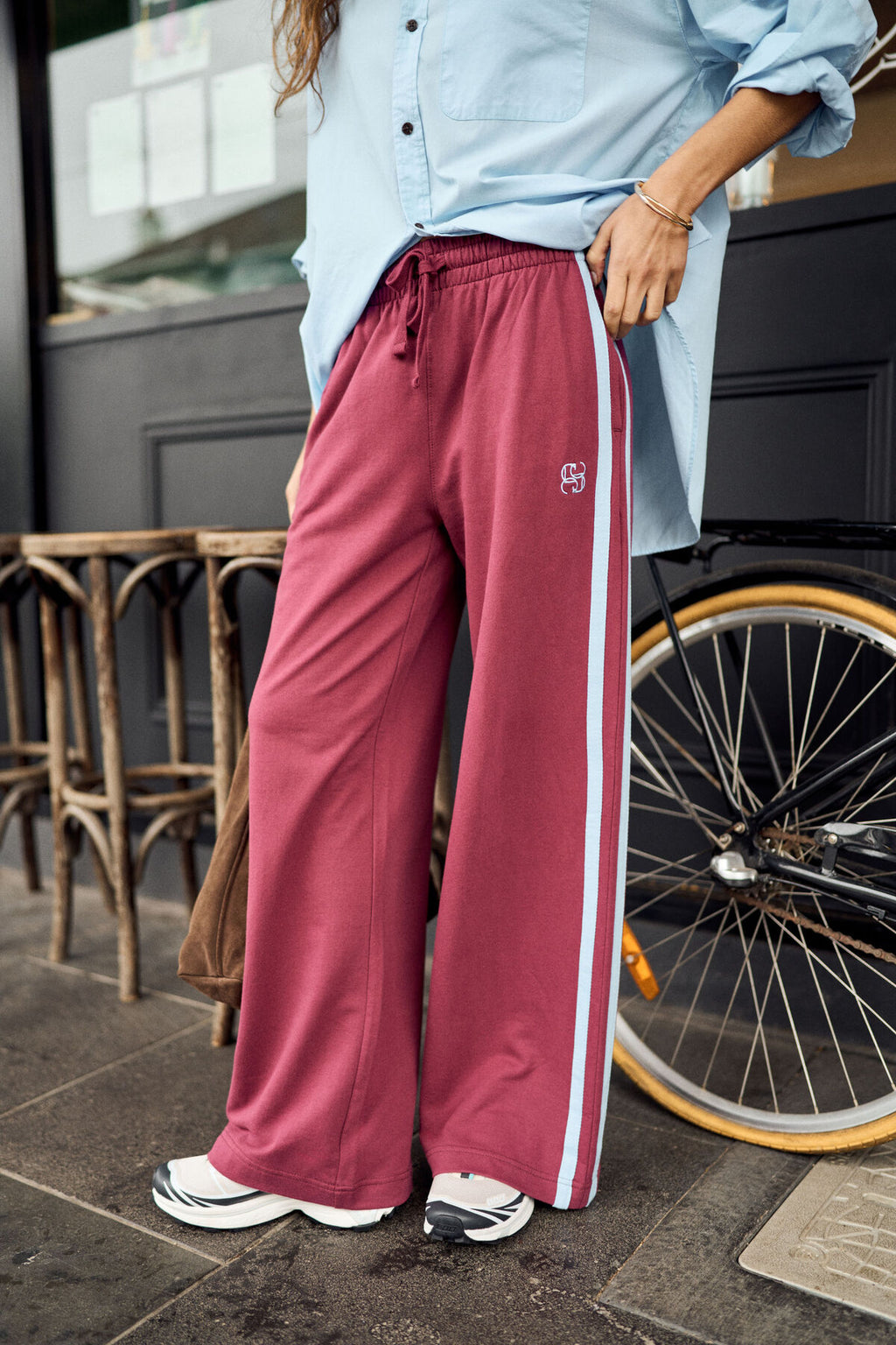 Gigi Wide Leg Terry Trackpant | Washed Burgundy & Sky Blue