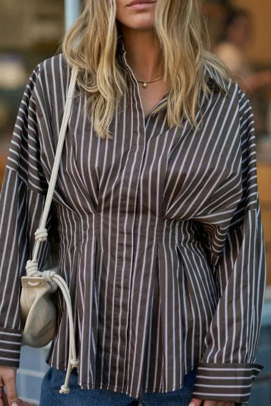Ella Pleat Shirt | Chocolate Stripe