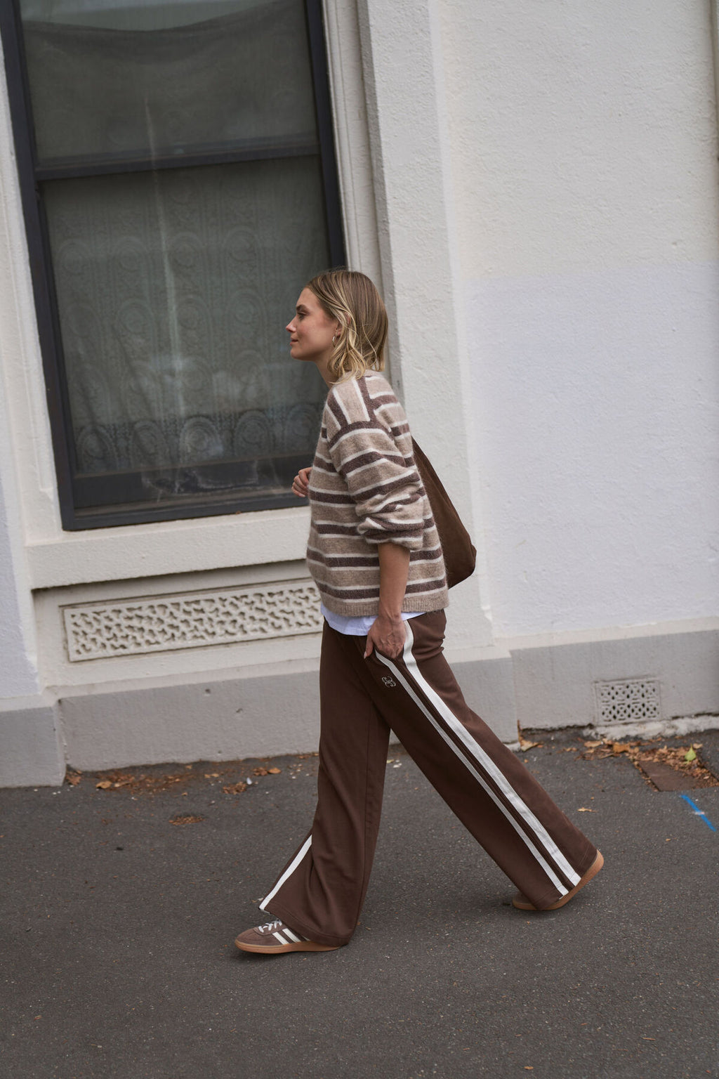 Gigi Wide Leg Terry Trackpant | Choc Side Stripe
