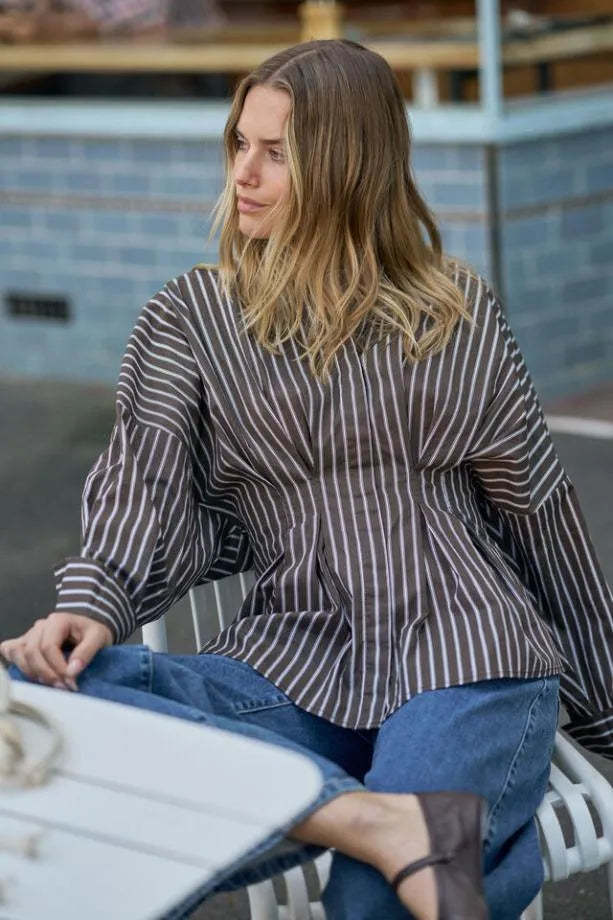Ella Pleat Shirt | Chocolate Stripe