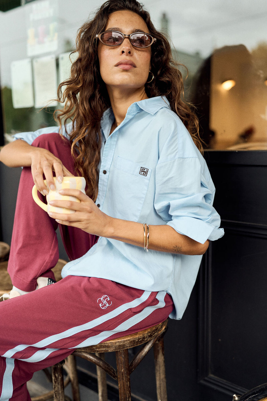 Gigi Wide Leg Terry Trackpant | Washed Burgundy & Sky Blue