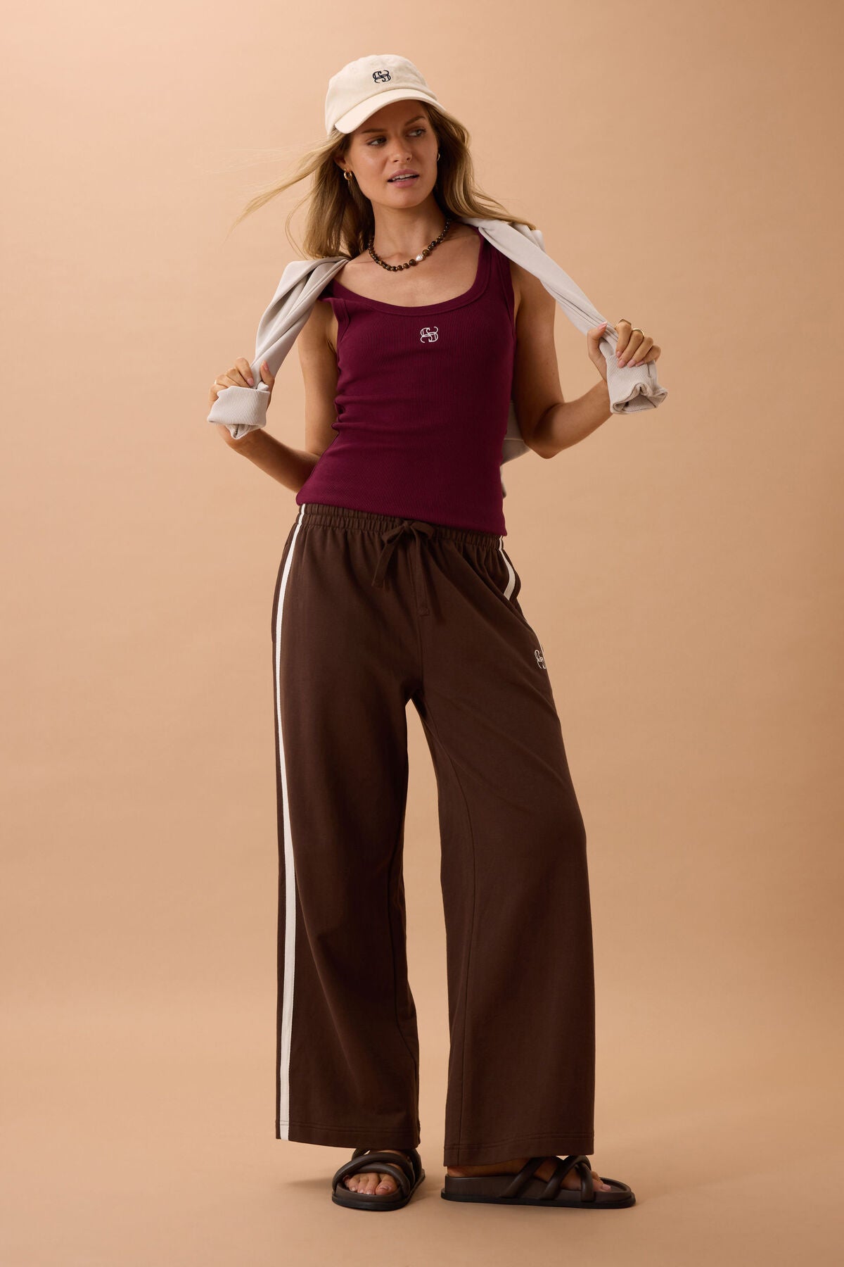 Gigi Wide Leg Terry Trackpant | Choc Side Stripe