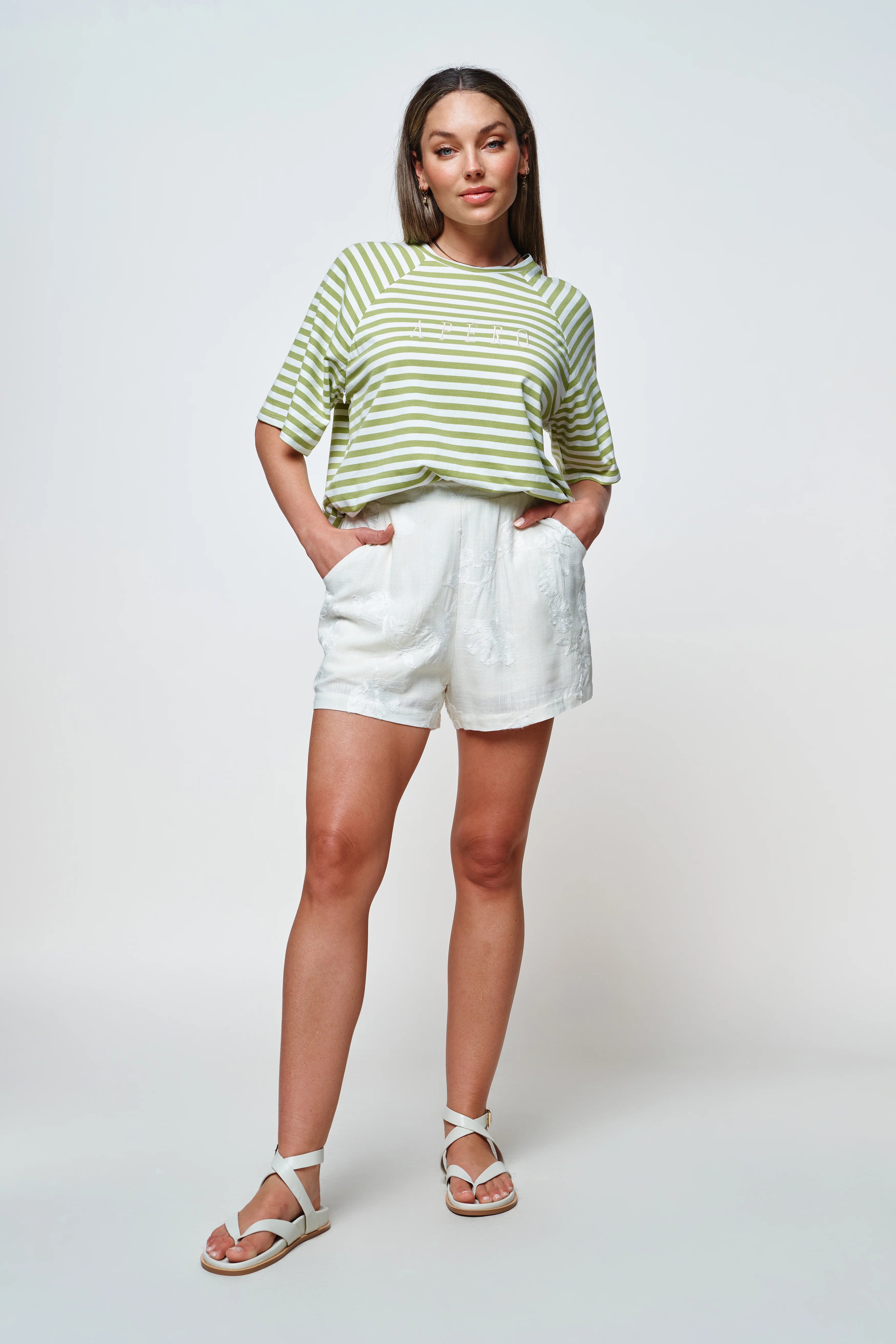 Riviera Embroidered Box-Cut Tee - Green / White - Apero