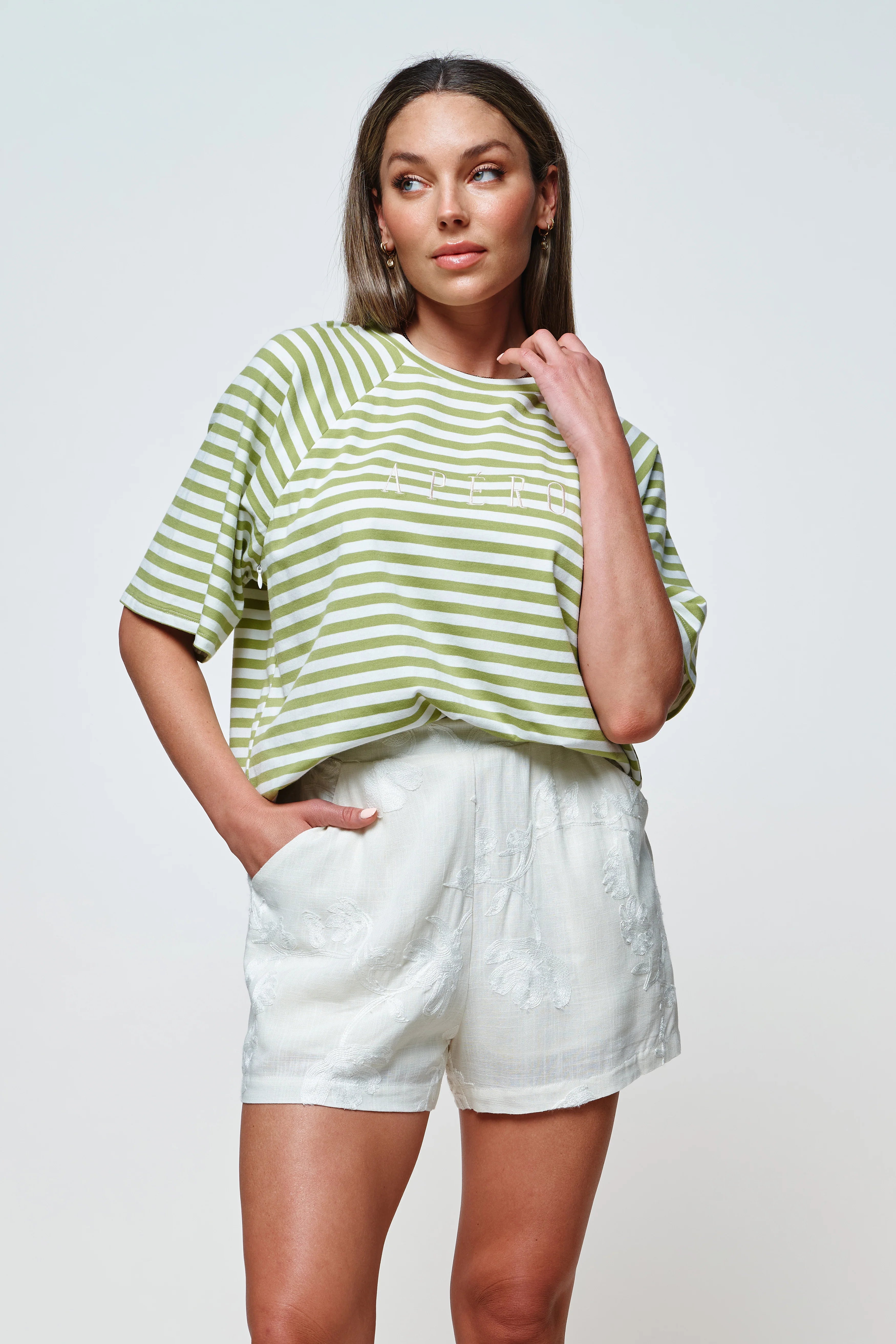 Riviera Embroidered Box-Cut Tee - Green / White - Apero