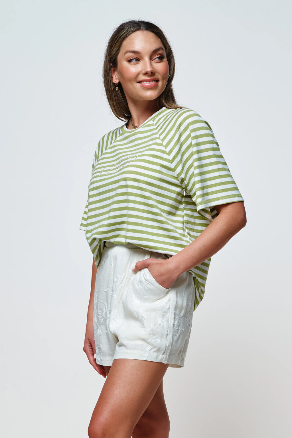 Riviera Embroidered Box-Cut Tee - Green / White - Apero