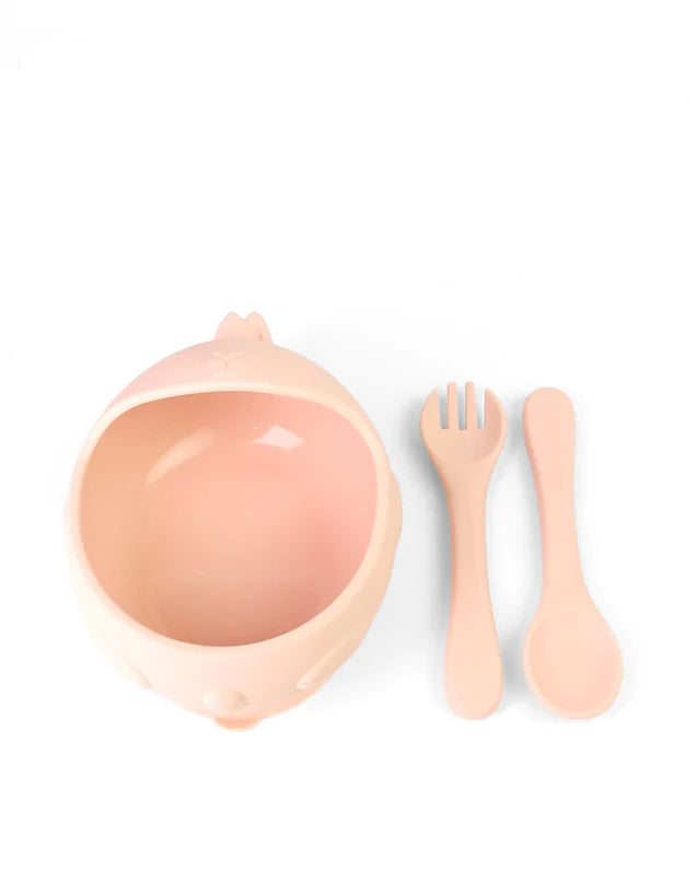 Bunny Silicon Suction Bowl with Cutlery - Blush