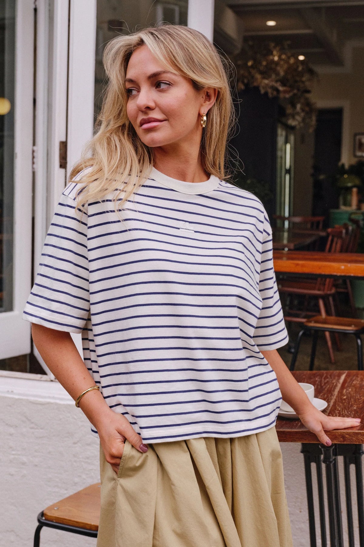 Phoebe Premium Tee | Milk & Blue Stripe