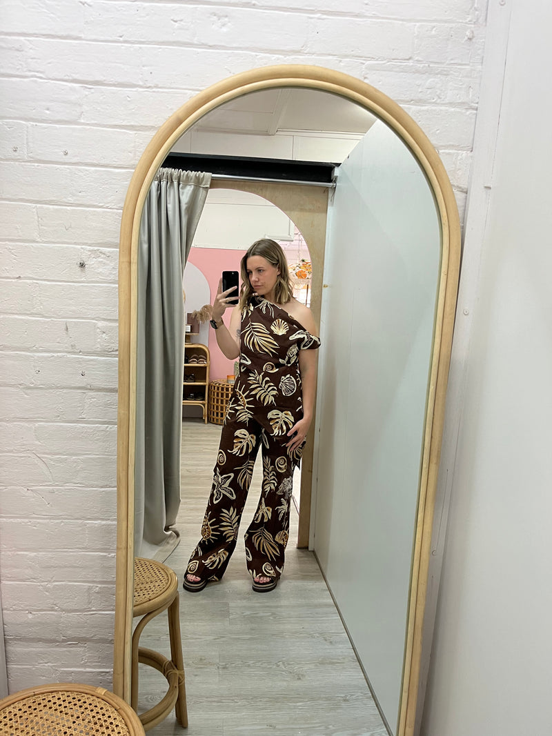 Brown Mermaid Palm Off Shoulder Pant Set