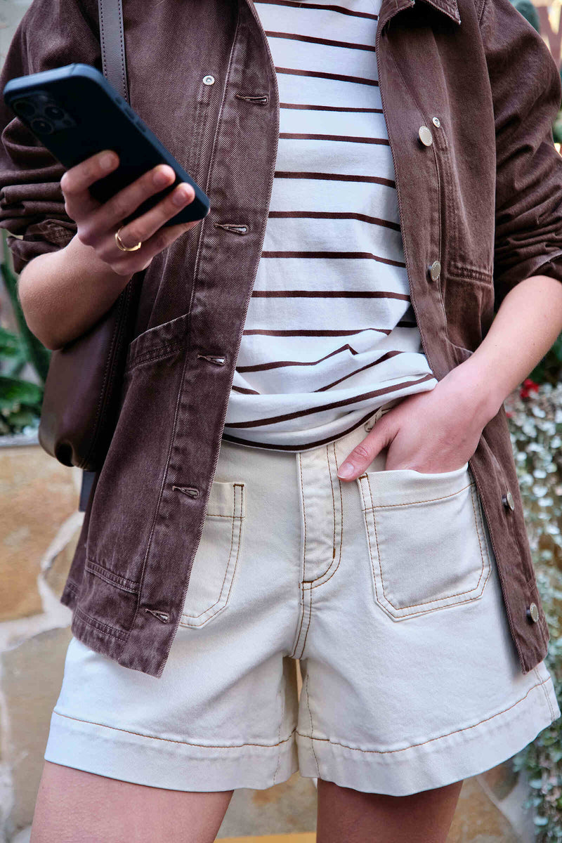 Esther Denim Patch Pocket Short | Eggshell