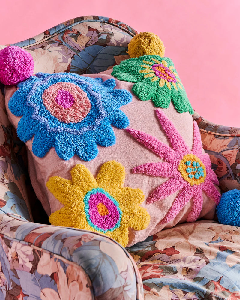 Rainbow Flowers Tufted Pom Pom Cushion